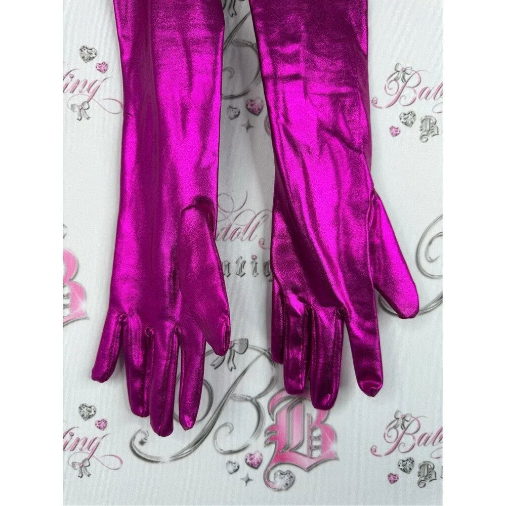 Long gloves shiny shimmer Metallic Fuchsia Gloves
